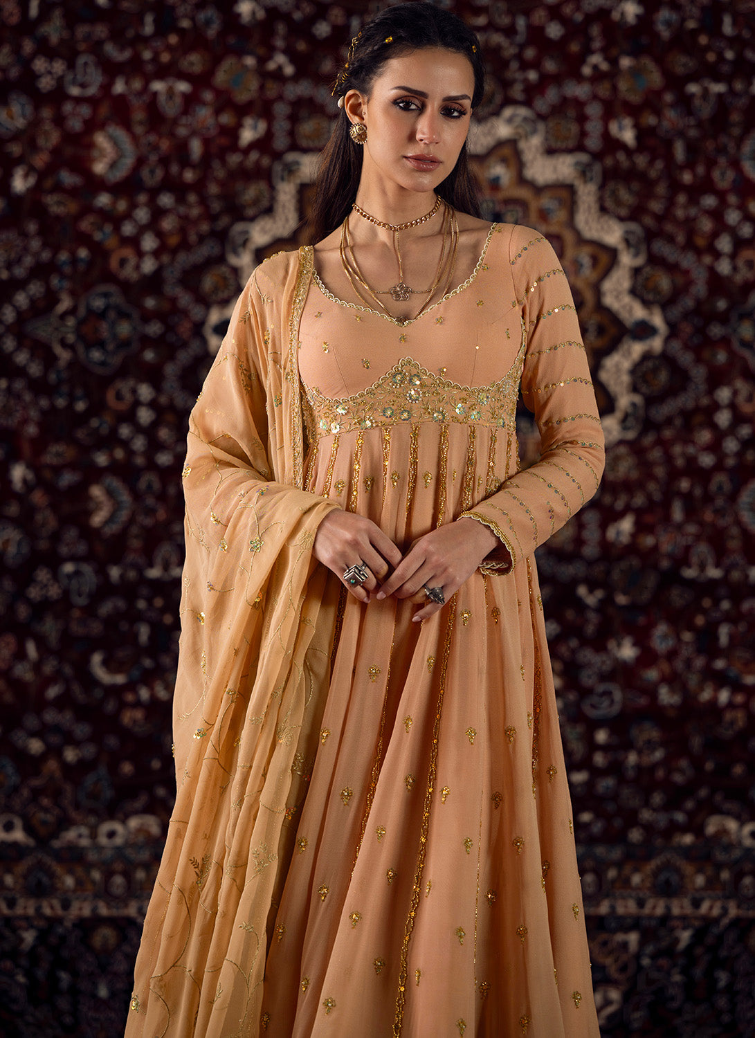 Soft Peach Embroidered Georgette Anarkali Style Sharara - Lashkaraa