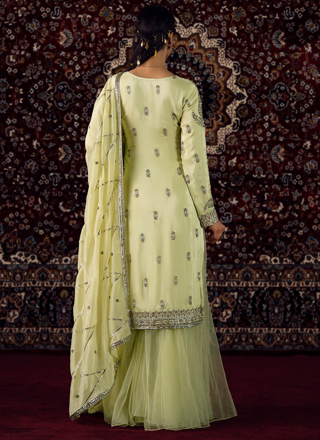 Pistachio Green Embroidered Silk Sharara Suit