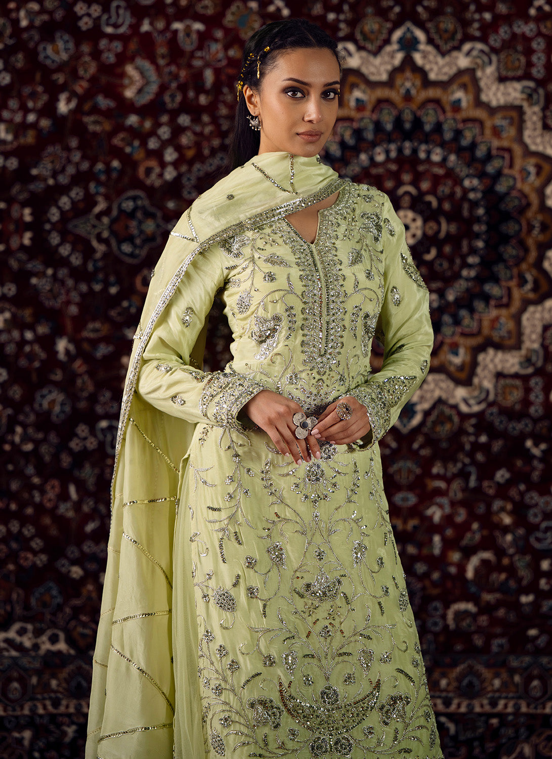 Pistachio Green Embroidered Silk Sharara Suit