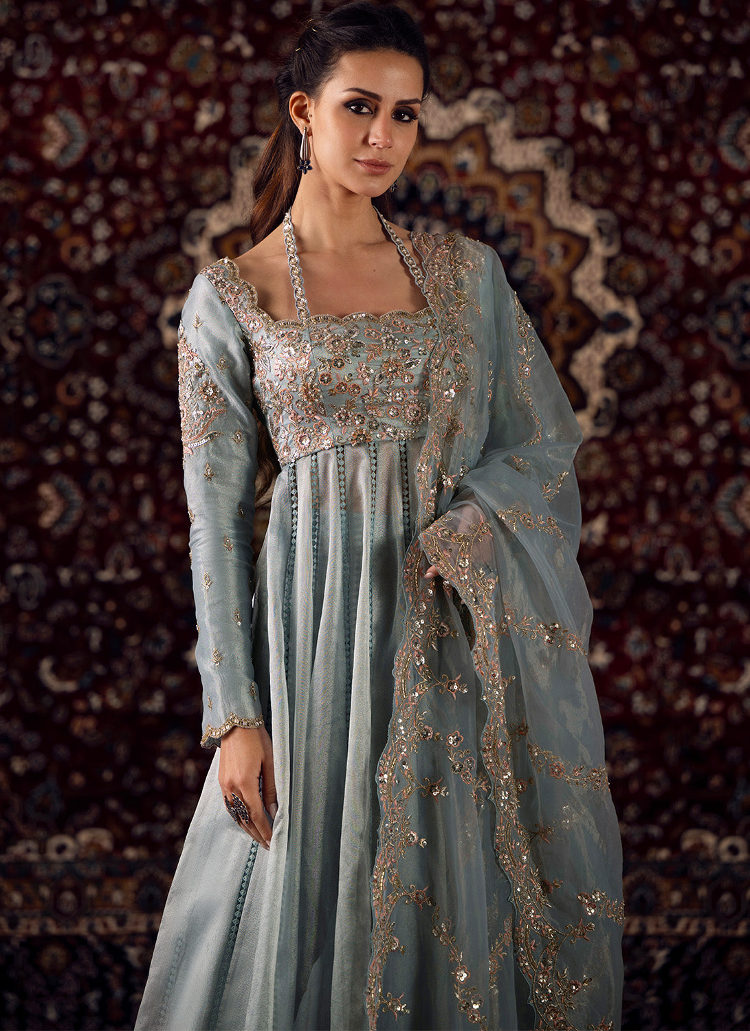 Dusty Blue Embroidered Organza Anarkali - Lashkaraa
