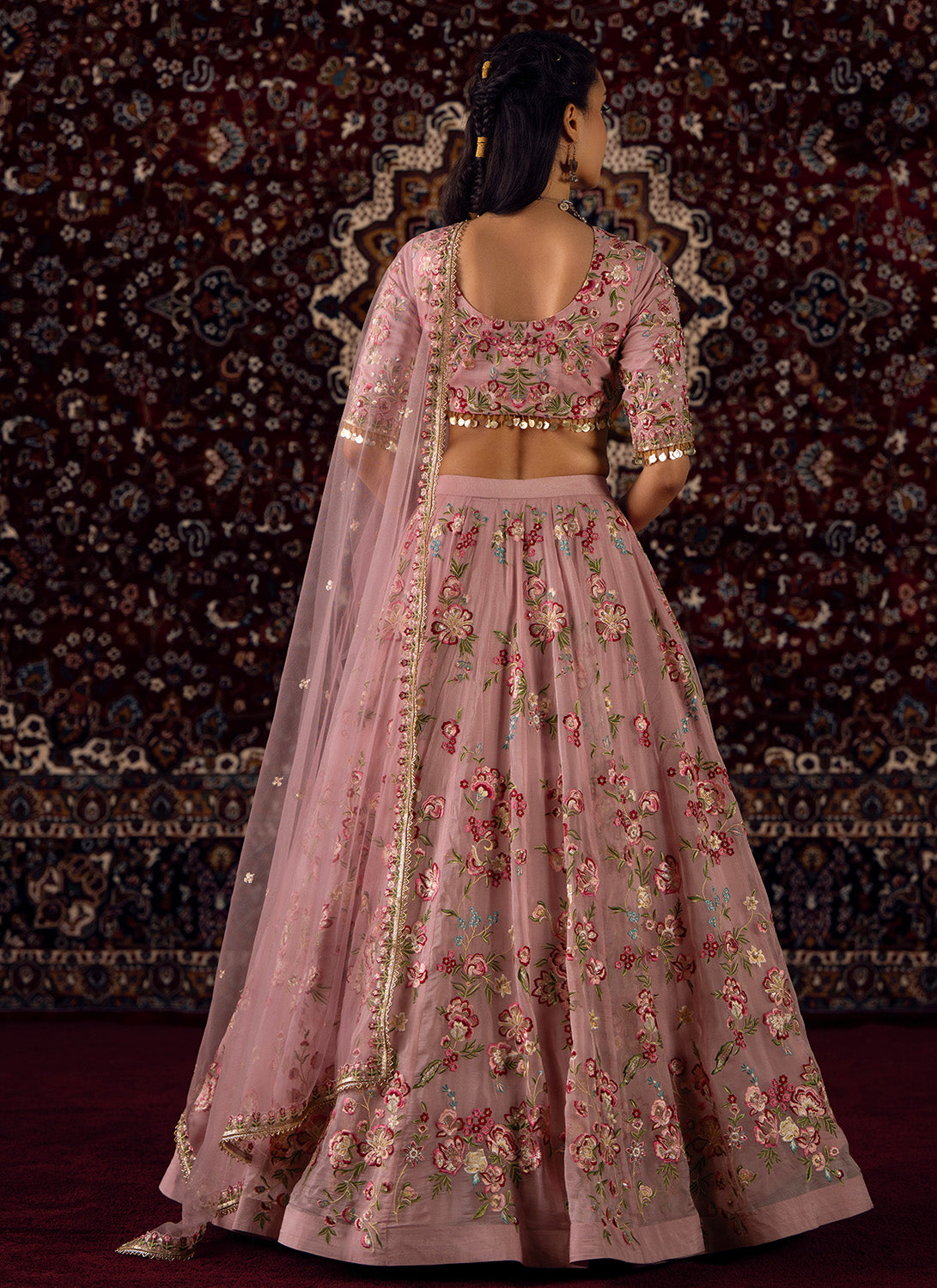 Pink Floral Embroidered Organza Lehenga - Lashkaraa