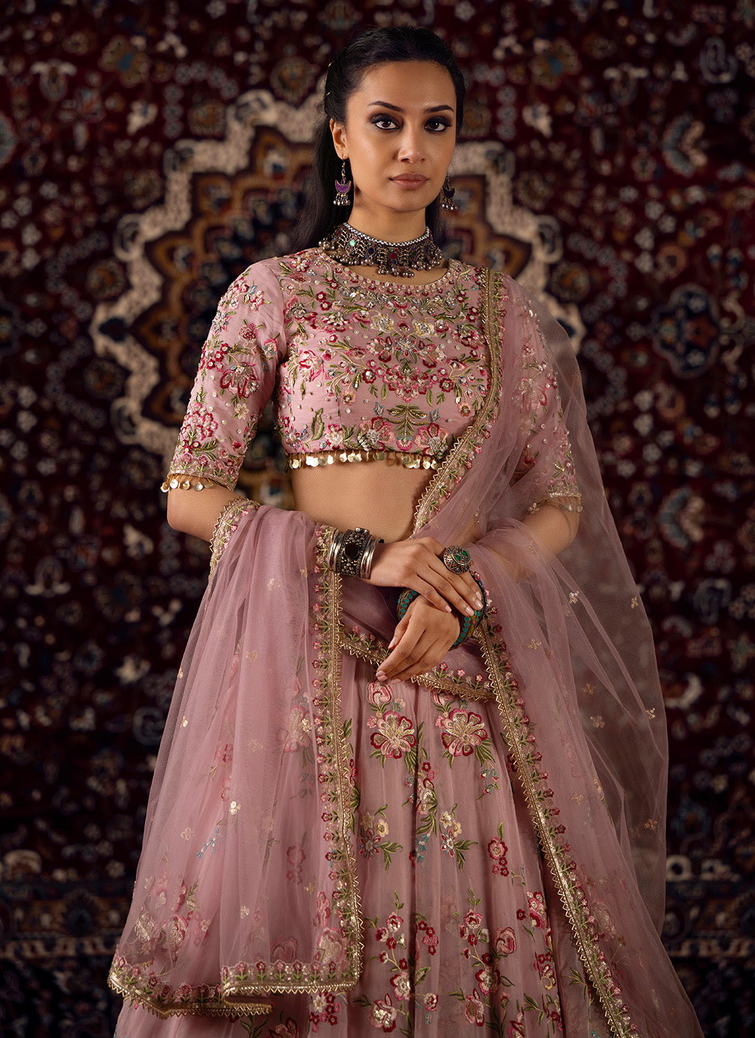 Pink Floral Embroidered Organza Lehenga - Lashkaraa