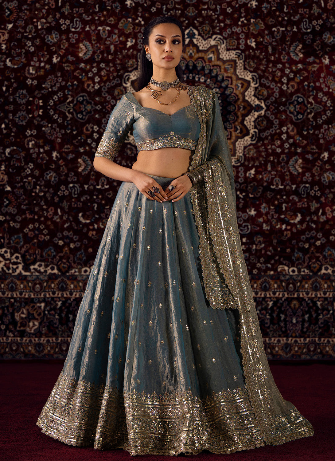 Dusty Blue Embroidered Satin Silk Lehenga - Lashkaraa