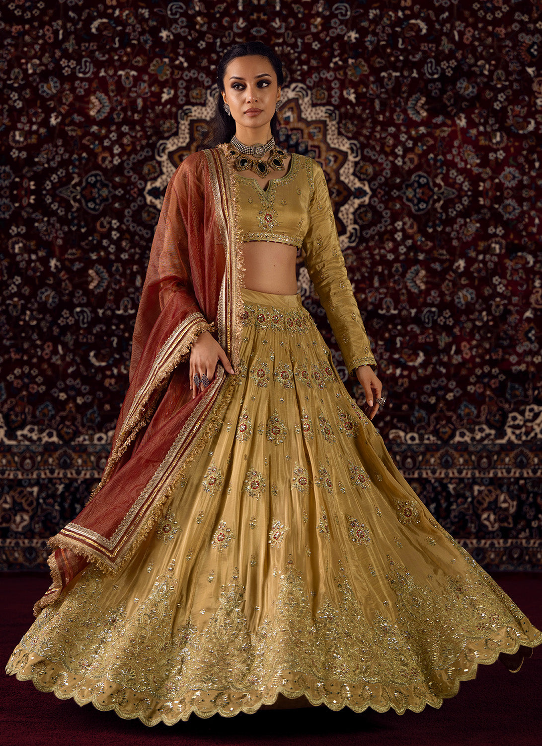 Gold and Maroon Embroidered Viscose Silk Lehenga - Lashkaraa