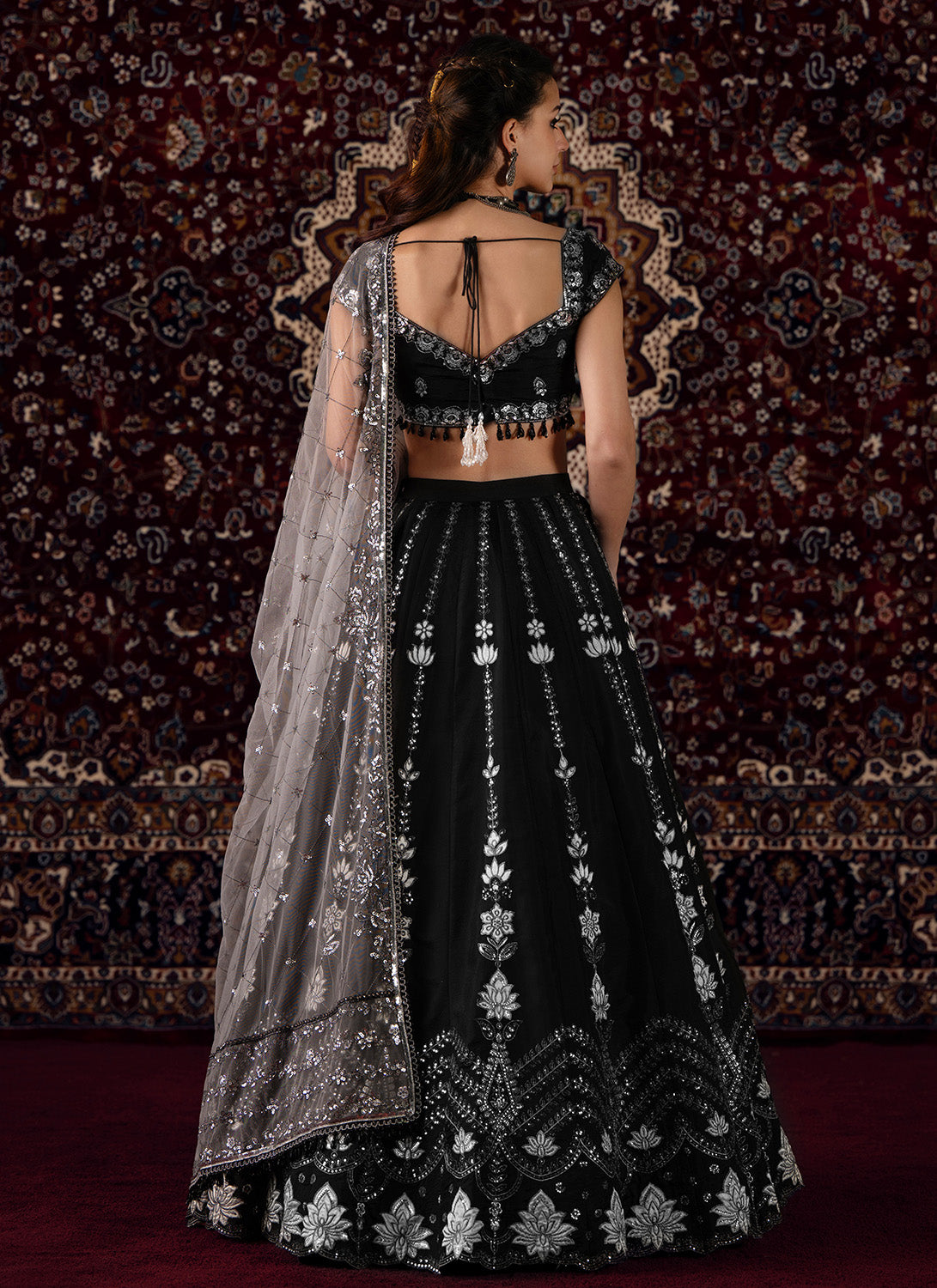 Black and White Embroidered Viscose Silk Lehenga - Lashkaraa