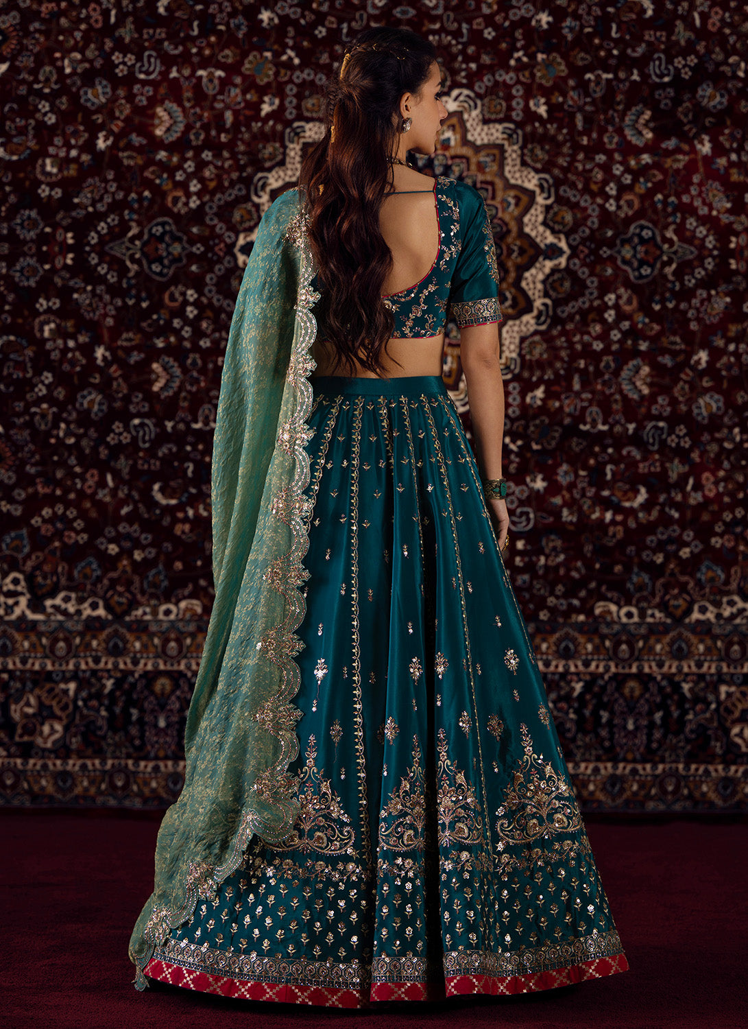 Teal Blue Embroidered Viscose Crepe Lehenga - Lashkaraa