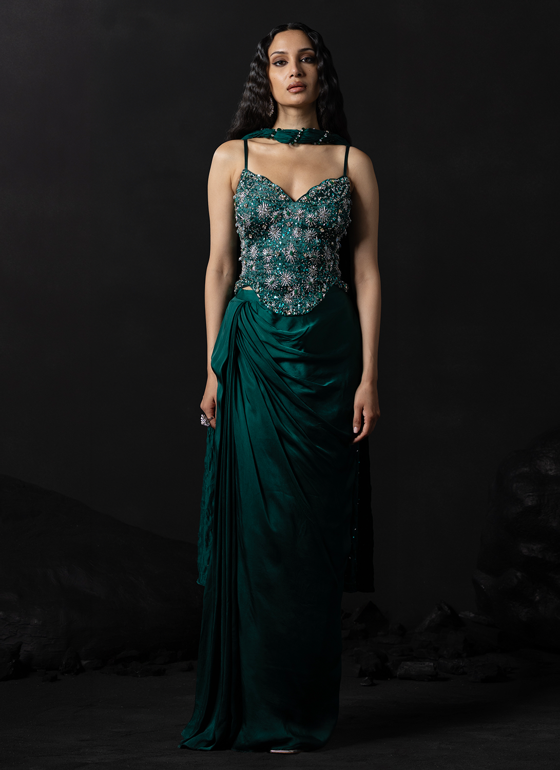 Emerald Green Embroidered Satin Anarkali Gown