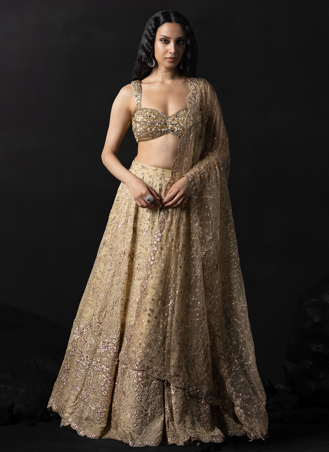 Gold Embroidered Viscose Organza Lehenga