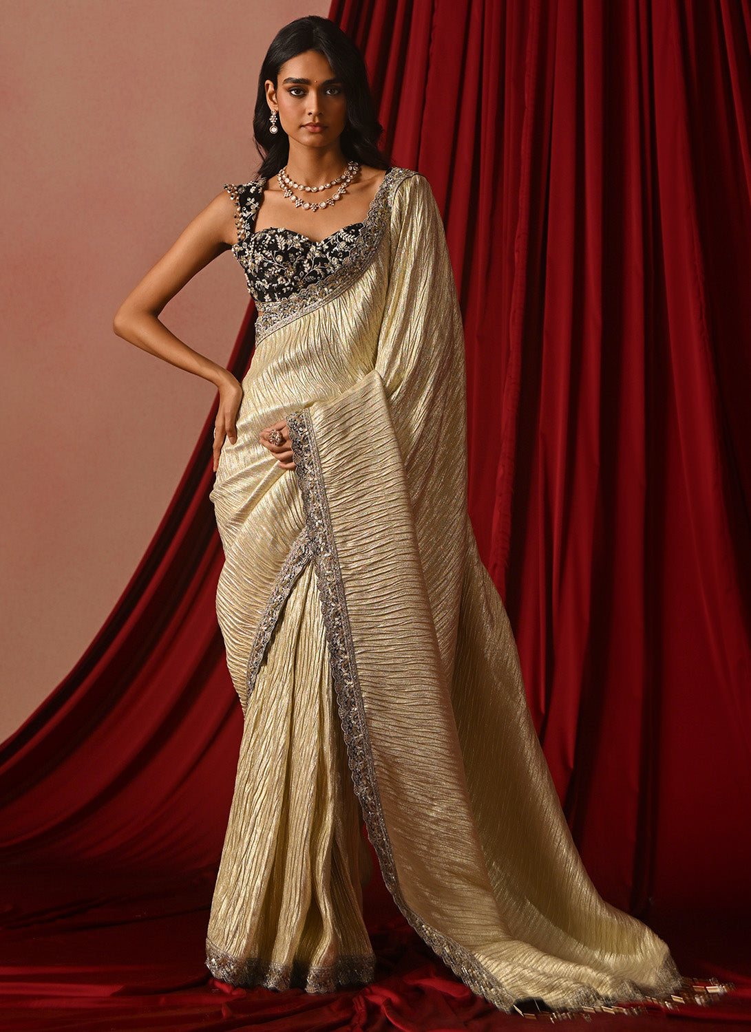 Golden Cream and Black Embroidered Brocade Saree