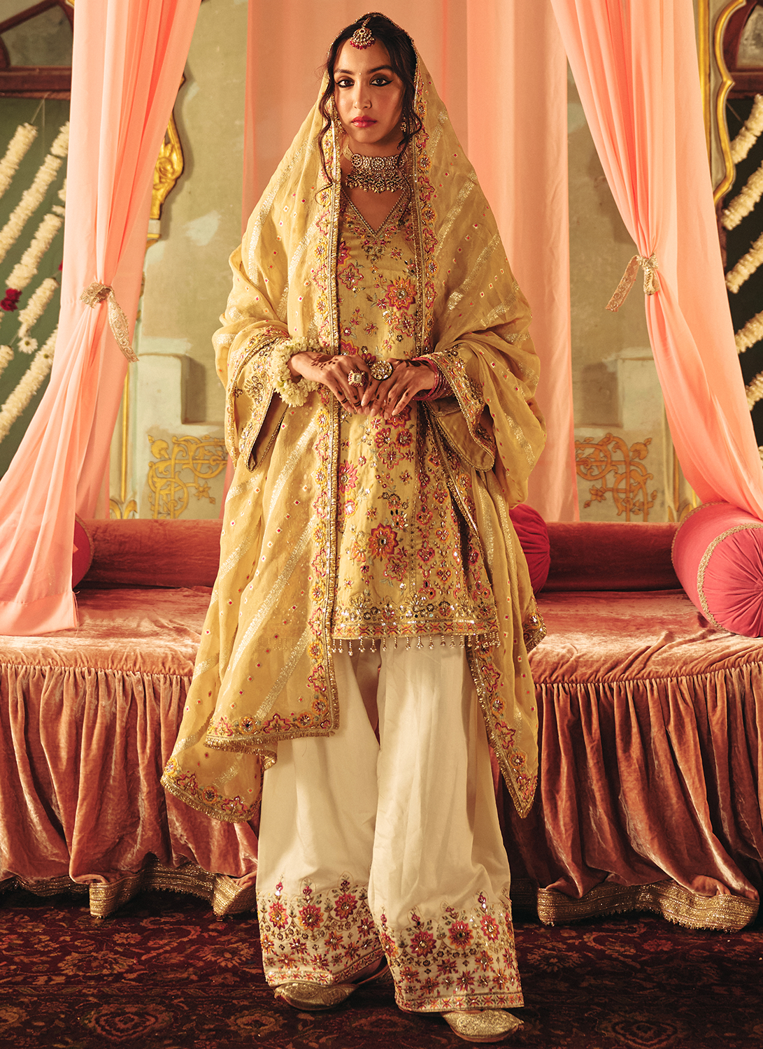 Golden Yellow Embroidered Crepe Punjabi Suit