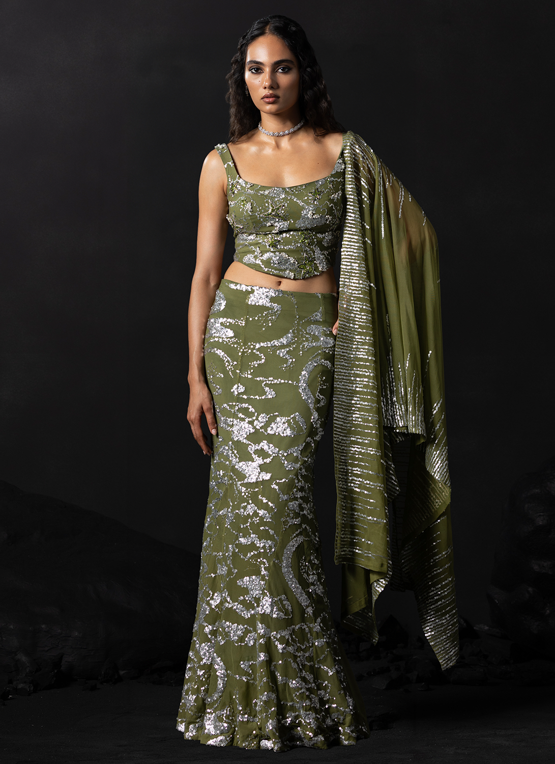 Green Embroidered Net Lehenga