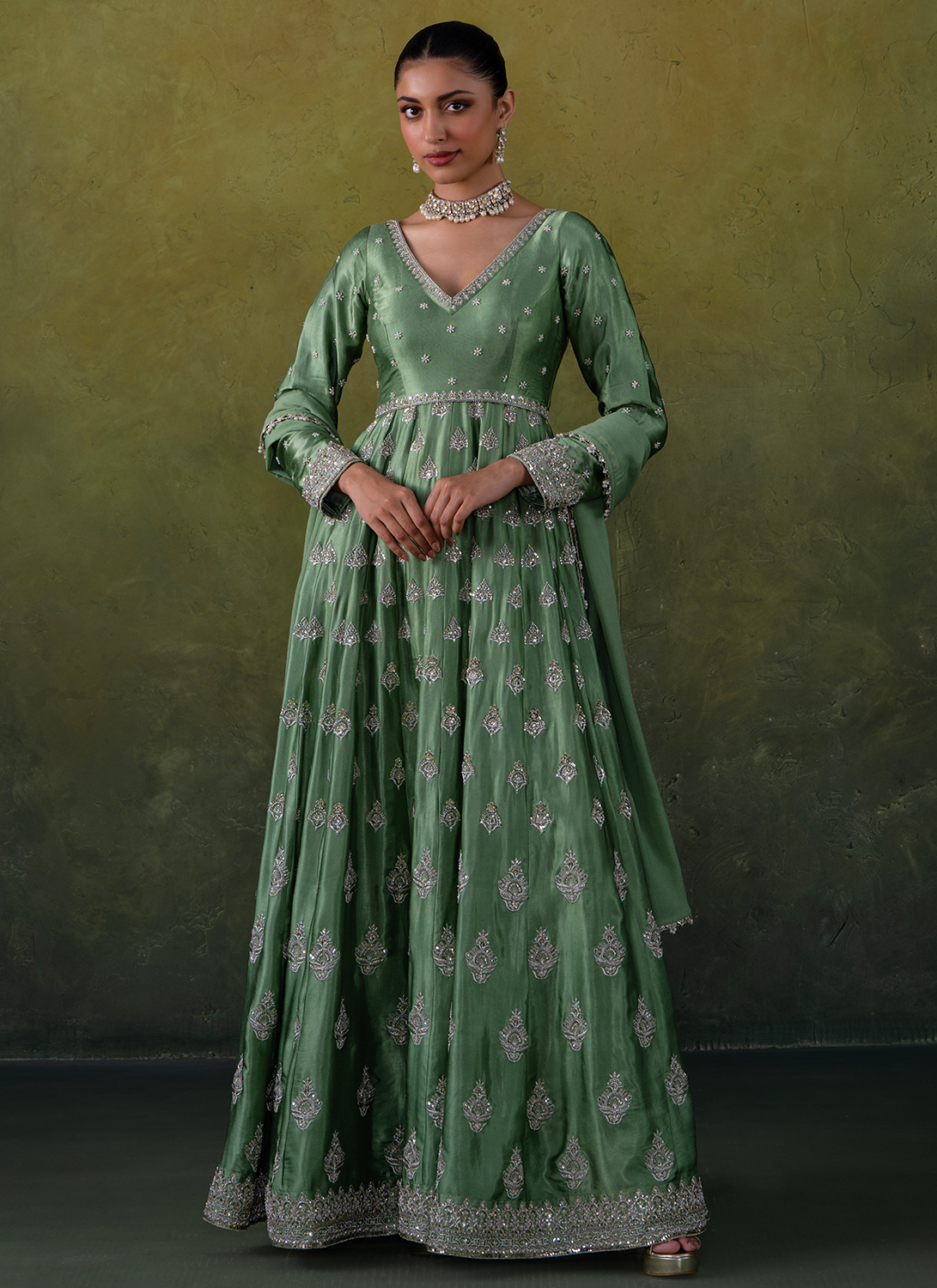 Green Embroidered Silk Anarkali