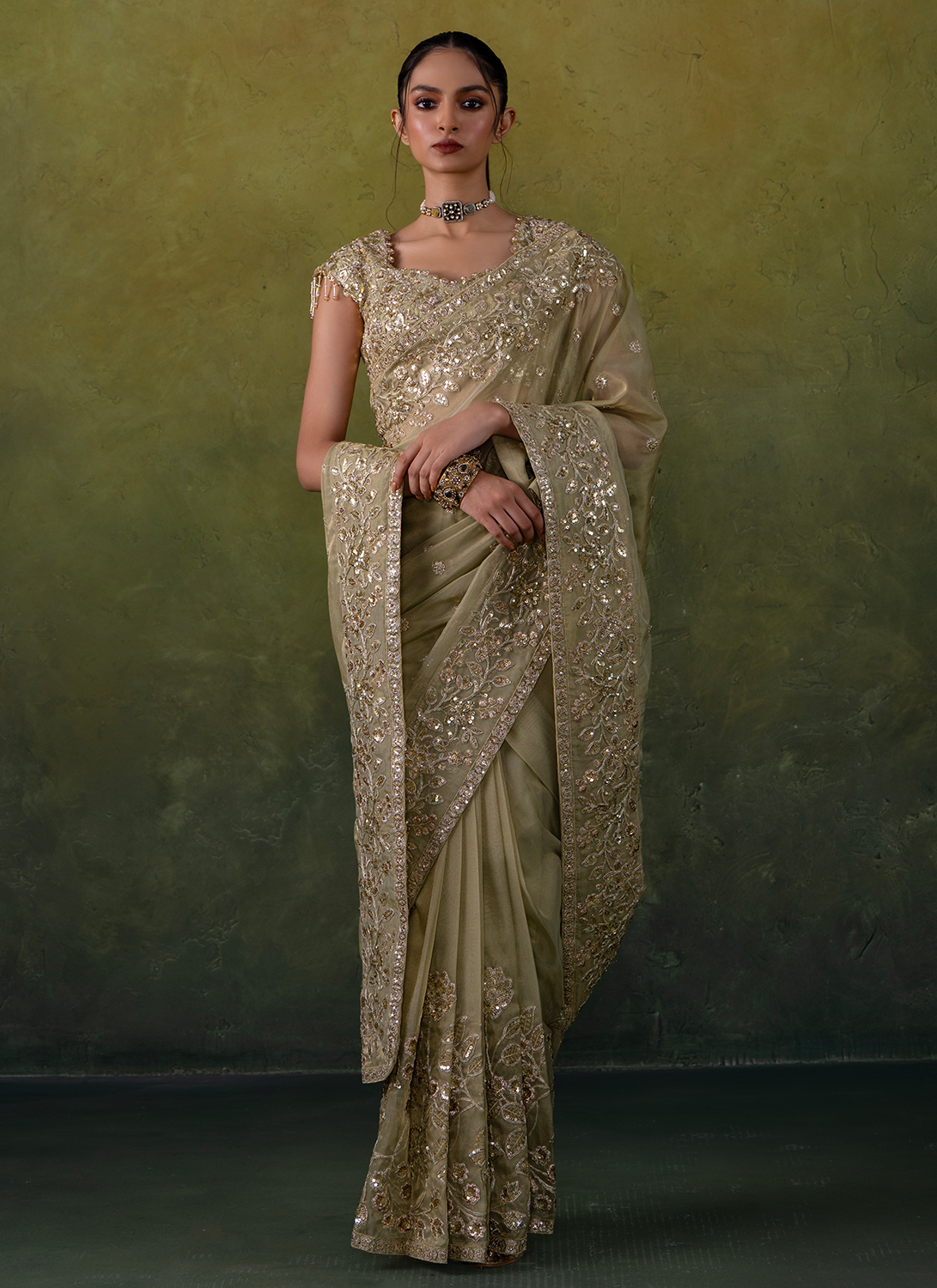 Green Embroidered Tissue Saree