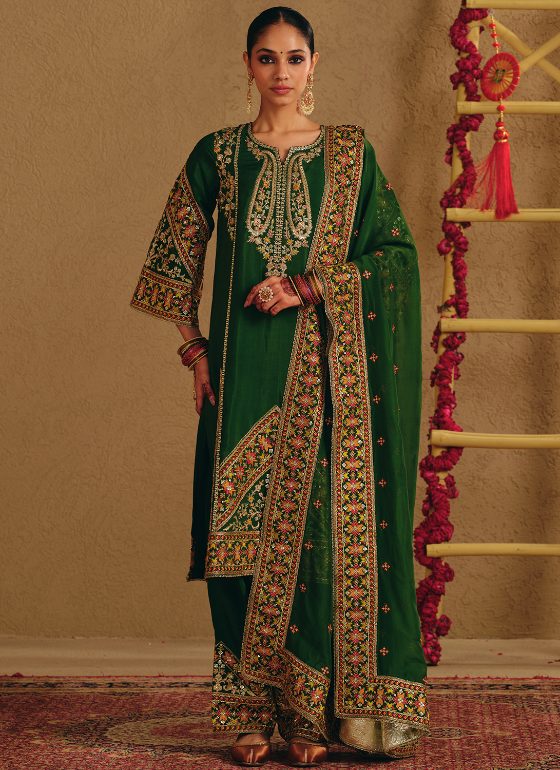 Green Embroidered Viscose Silk Salwar Suit