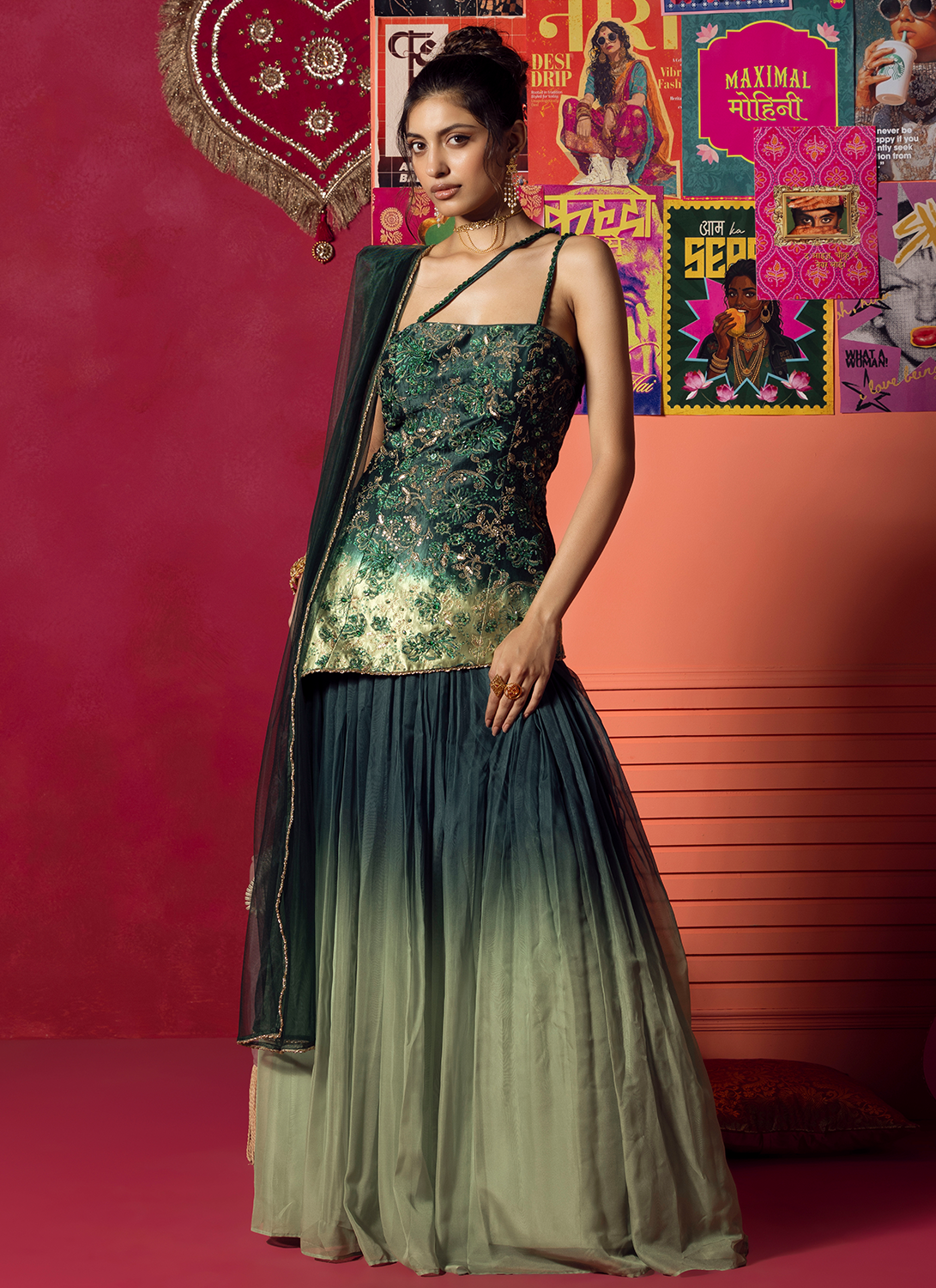 Green Ombre Embroidered Silk Lehenga