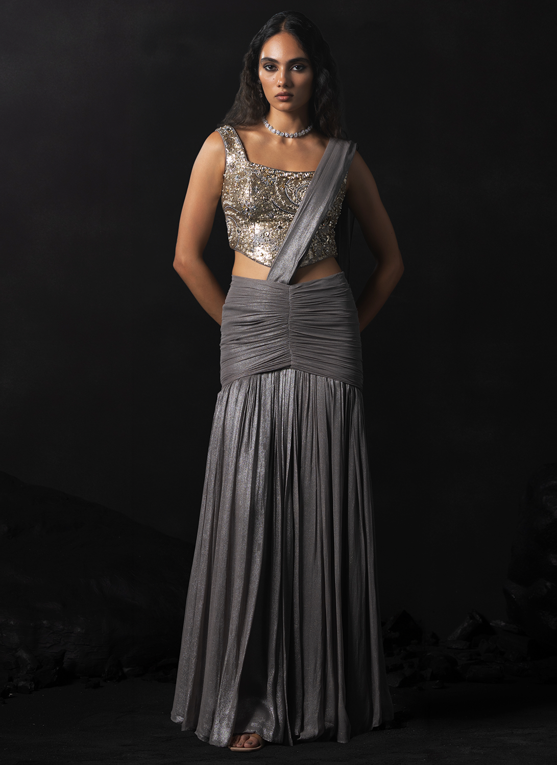 Grey Embroidered Net Saree