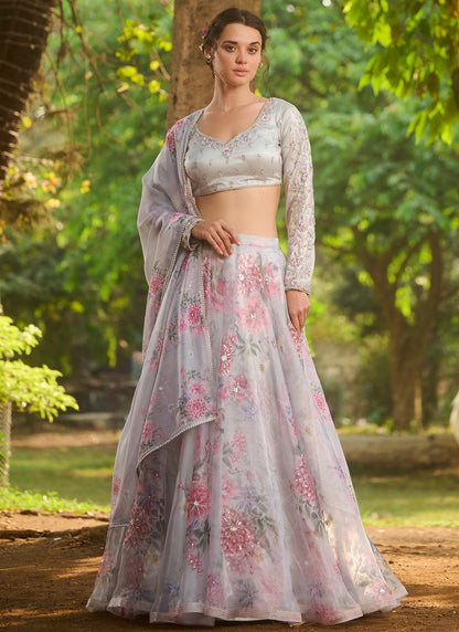 Grey Multicolor Floral Embroidered Lehenga