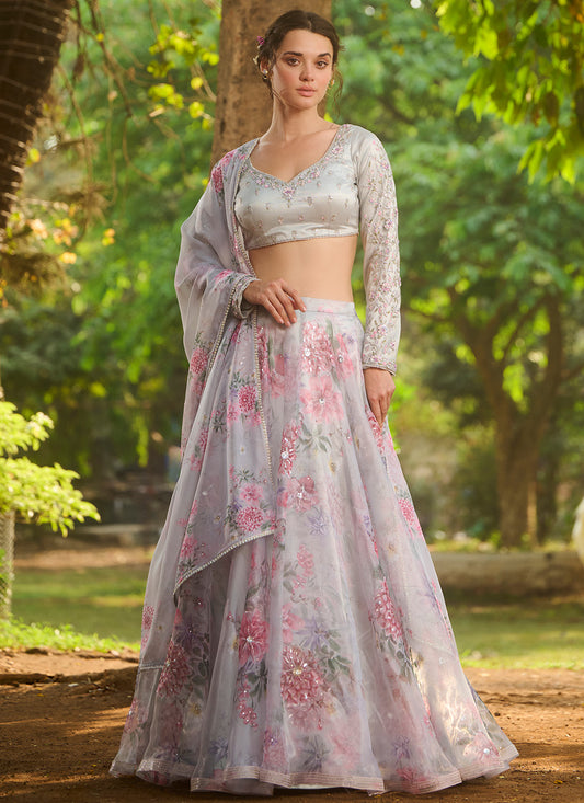 Grey Multicolor Floral Embroidered Lehenga