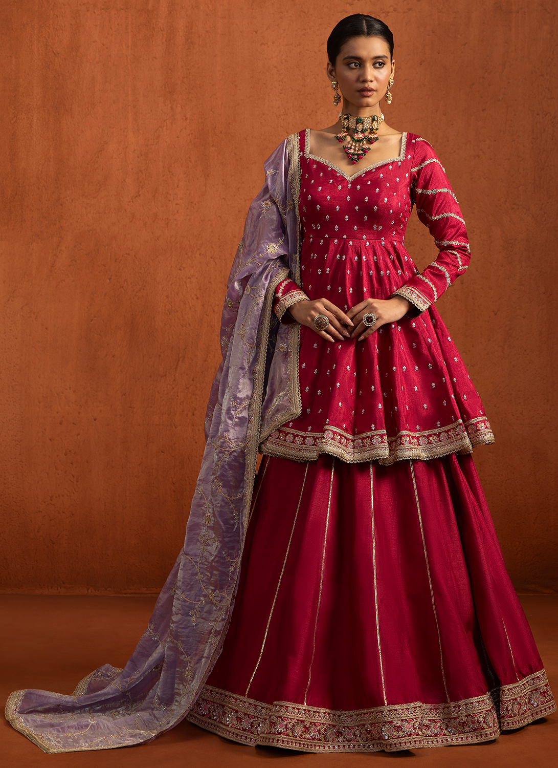 Hot Pink Embroidered Peplum Style Lehenga