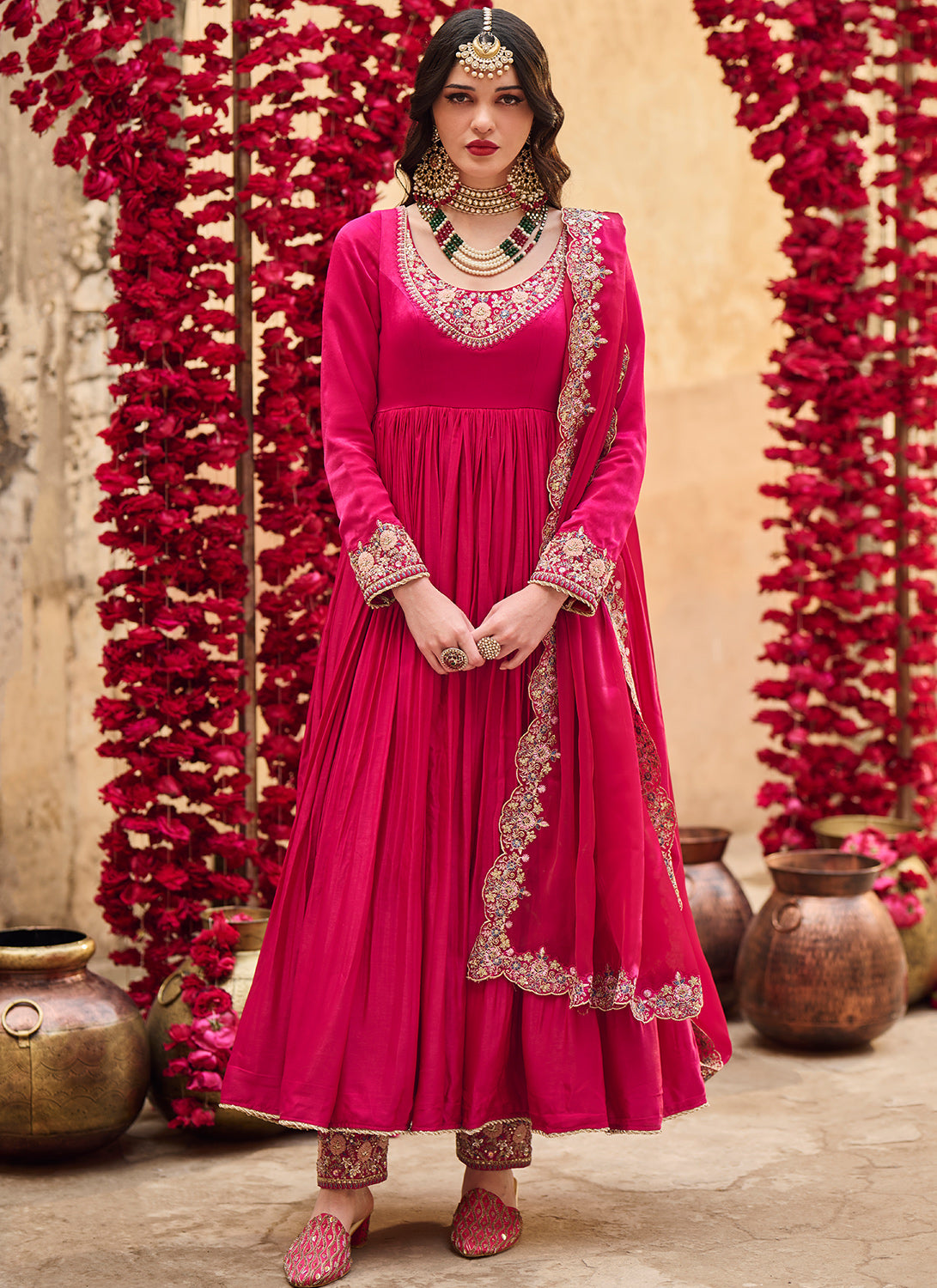 hot pink anarkali dress Pink Banarasi Silk Anarkali Gown: Indian Wedding Party Dress