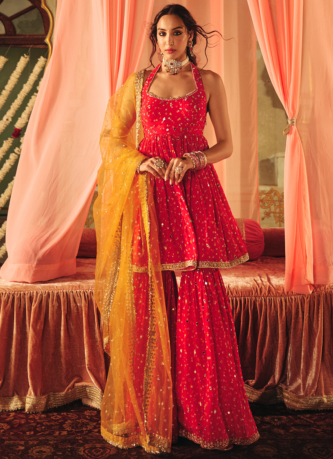 Hot Pink Embroidered Viscose Bandhani Gharara