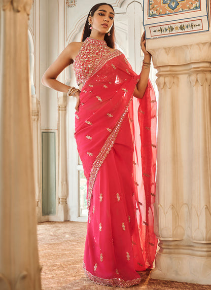 Hot Pink Embroidered Viscose Organza Saree