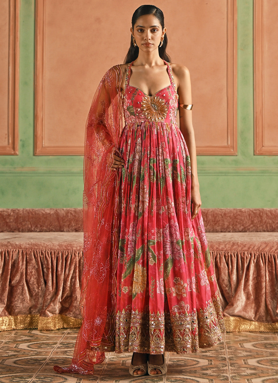 Hot Pink Floral Embroidered Silk Anarkali