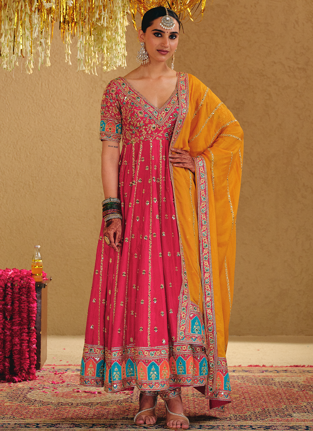 Hot Pink Multicolor Embroidered Viscose Silk Anarkali