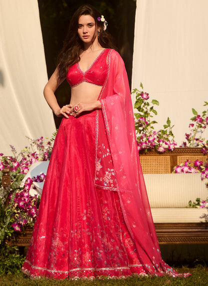 Hot Pink Floral Embroidered Lehenga