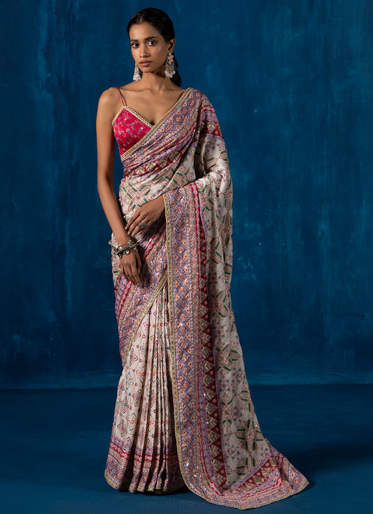 Hot Pink and Ivory Multicolor Embroidered Saree