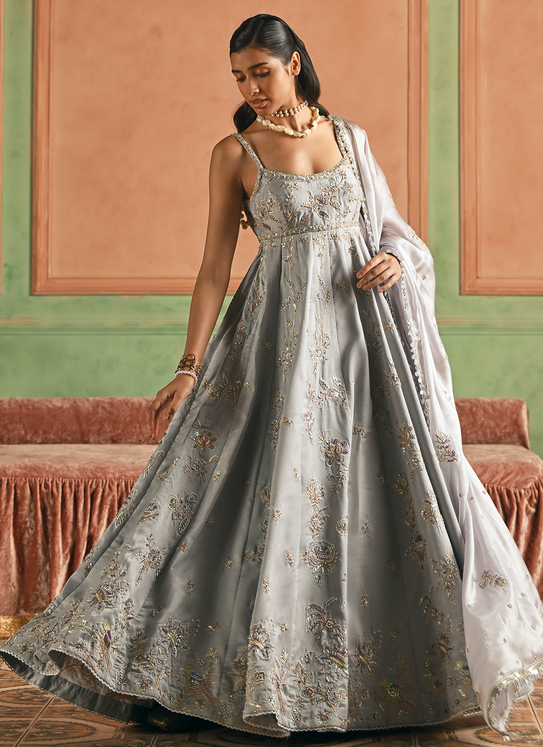 Grey Embroidered Silk Anarkali