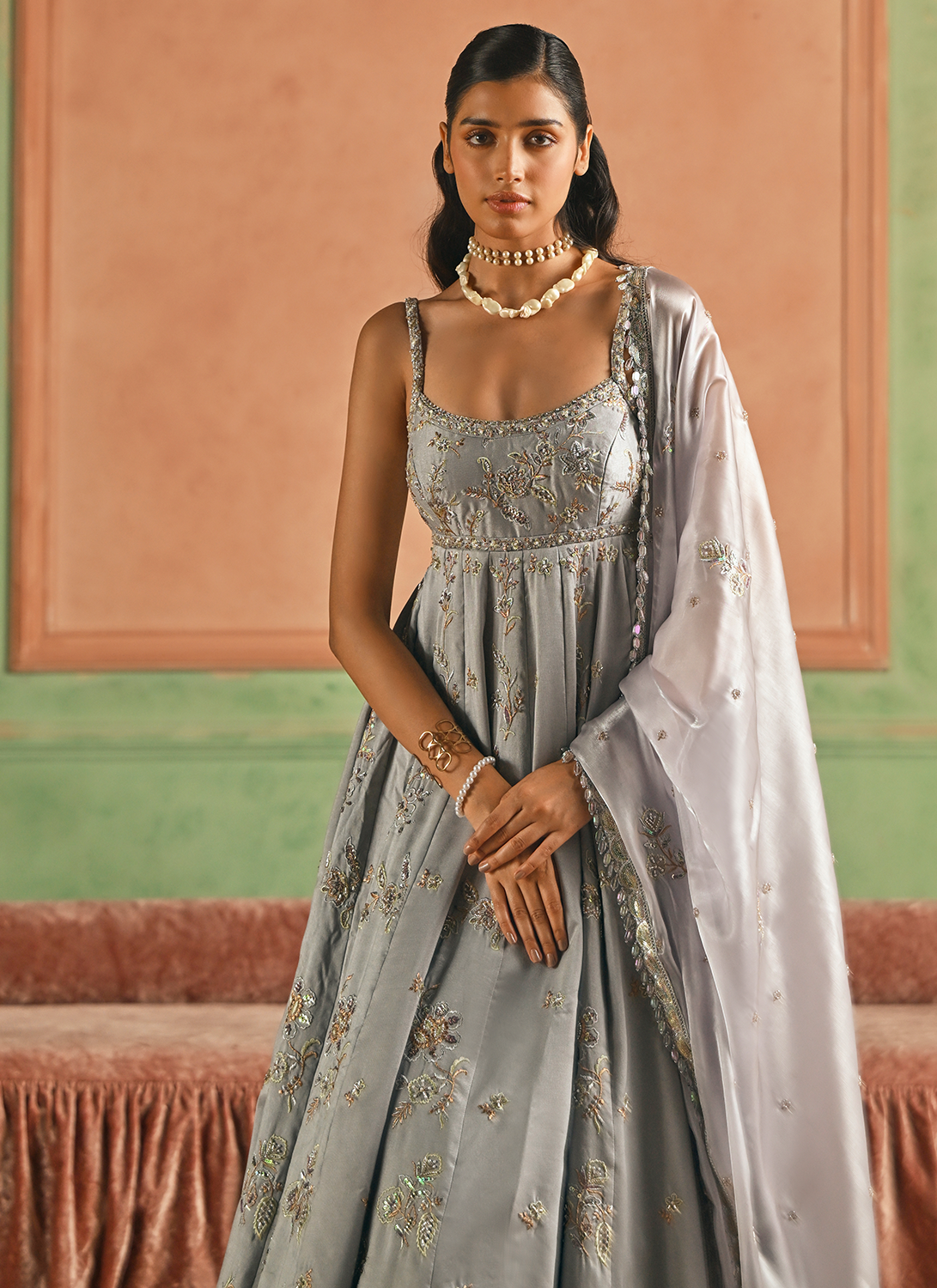 Grey Embroidered Silk Anarkali