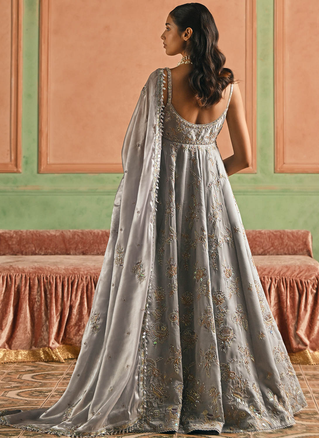 Grey Embroidered Silk Anarkali