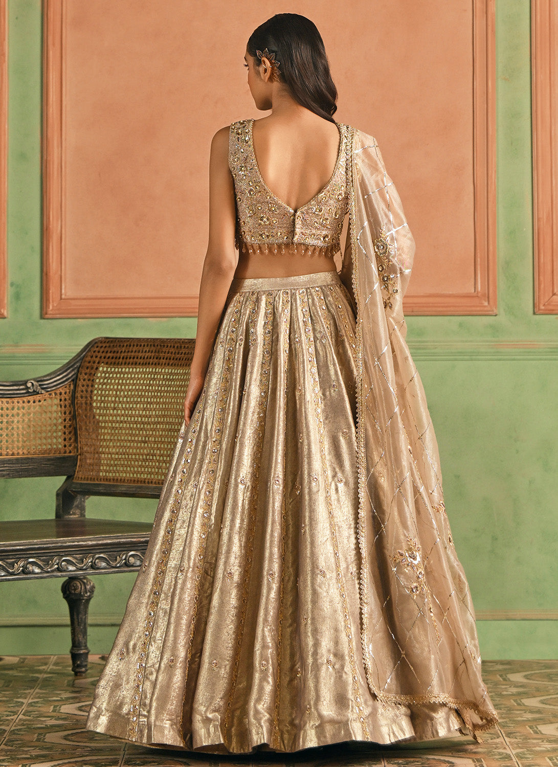 Gold Embroidered Foil Silk Lehenga