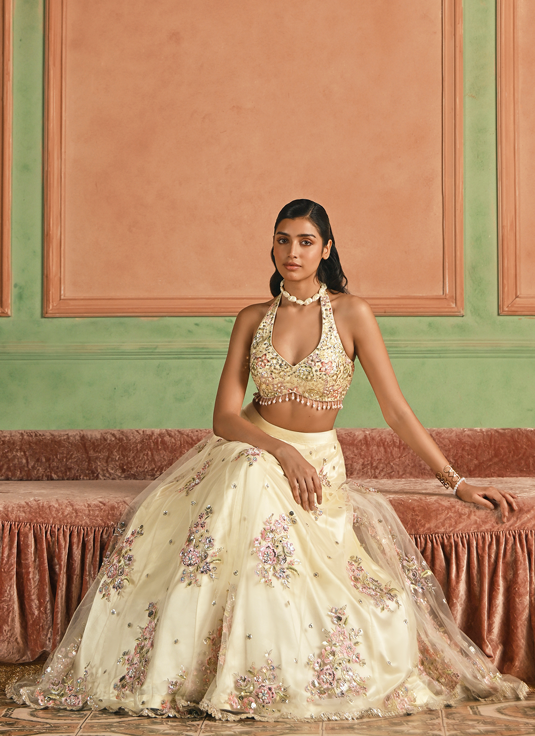 Ivory Embroidered Net Lehenga