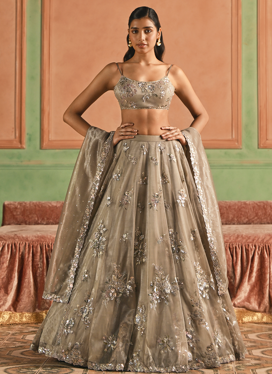 Dusty Grey Embroidered Net Lehenga