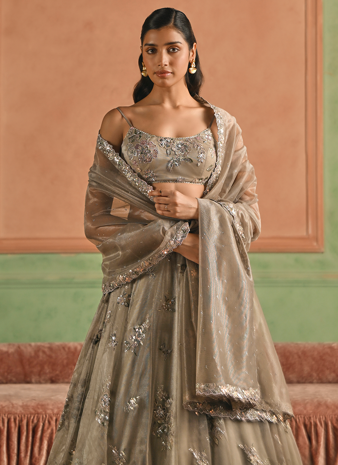 Dusty Grey Embroidered Net Lehenga