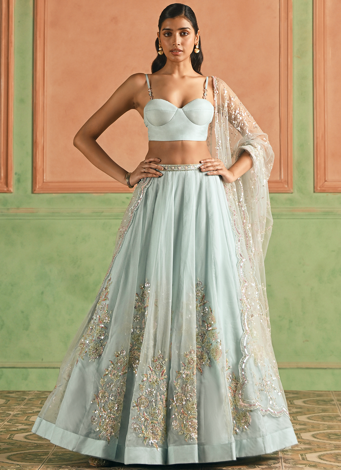 Light Blue Embroidered Organza Corset Style Lehenga