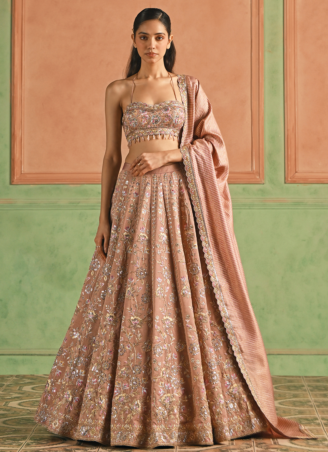 Dusty Pink Embroidered Silk Lehenga