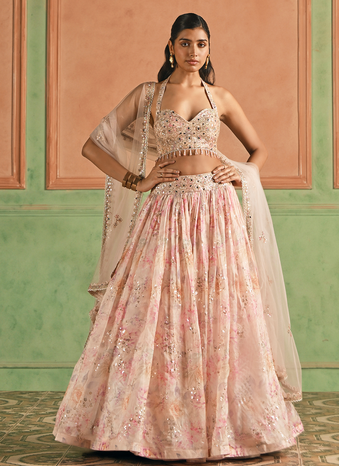 Pink Floral Embroidered Tissue Lehenga