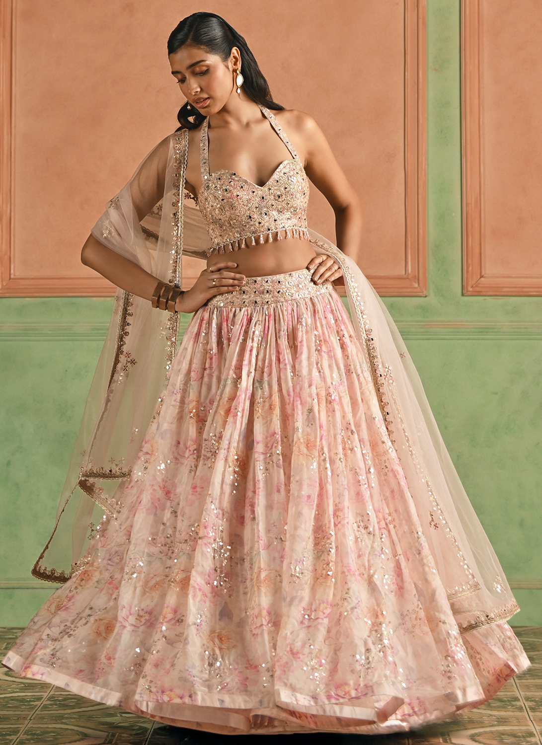 Pink Floral Embroidered Tissue Lehenga