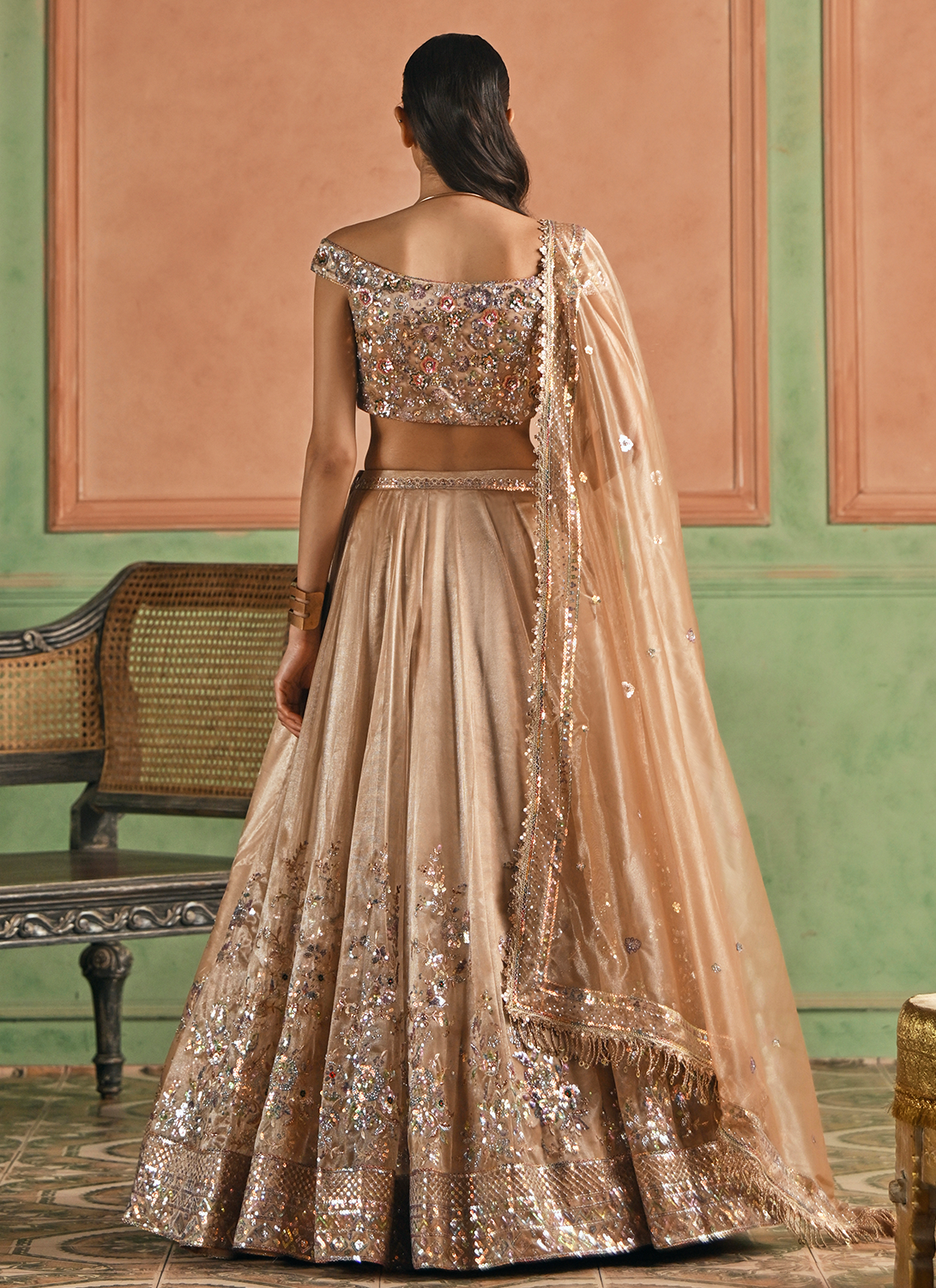 Golden Beige Embroidered Net Lehenga