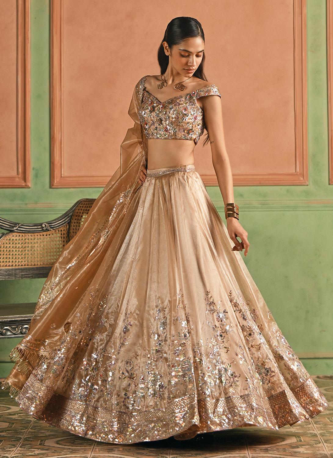 Golden Beige Embroidered Net Lehenga