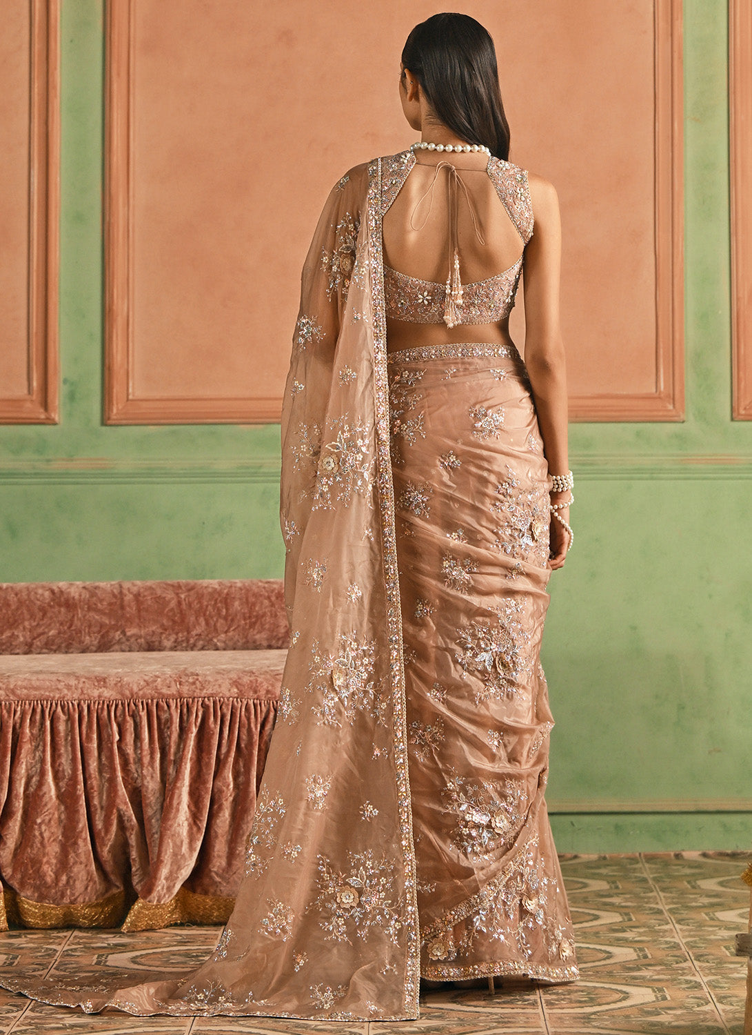 Rose Gold Embroidered Organza Saree