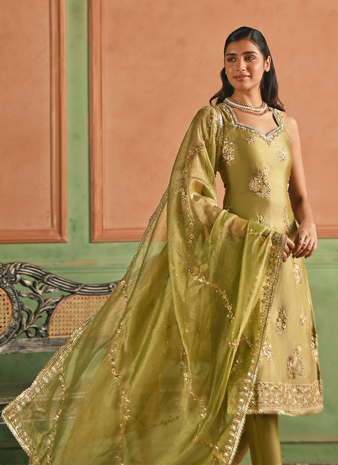 Dusty Green Embroidered Satin Straight Suit