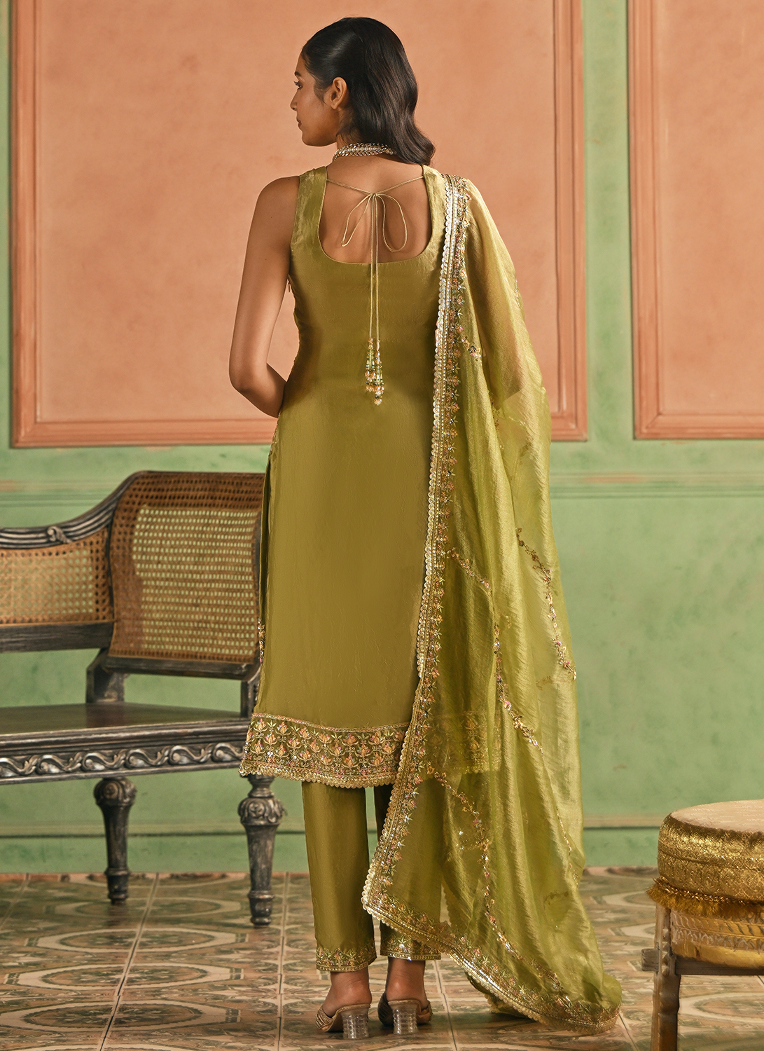 Dusty Green Embroidered Satin Straight Suit