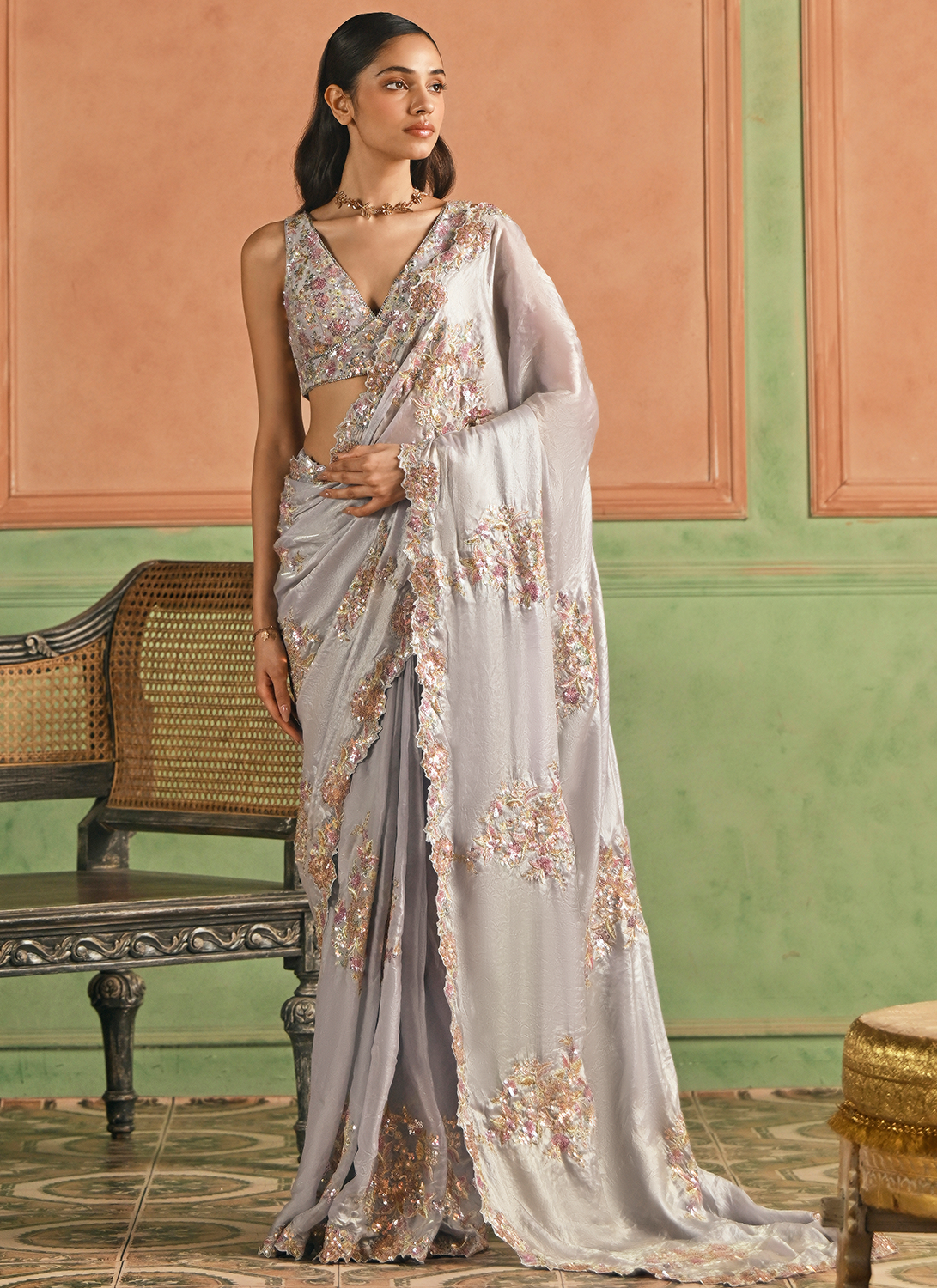 Grey Embroidered Tissue Silk Saree