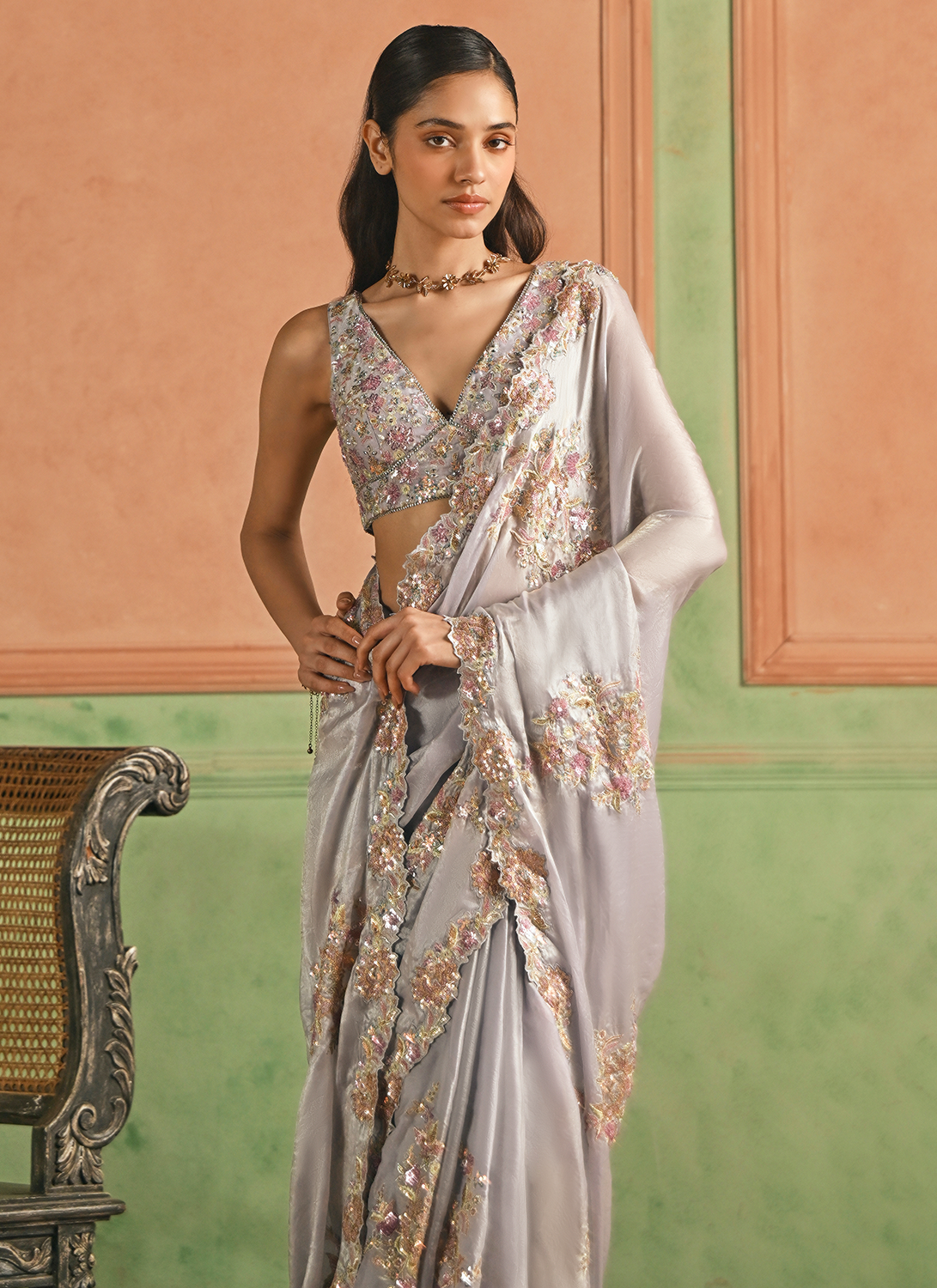 Grey Embroidered Tissue Silk Saree