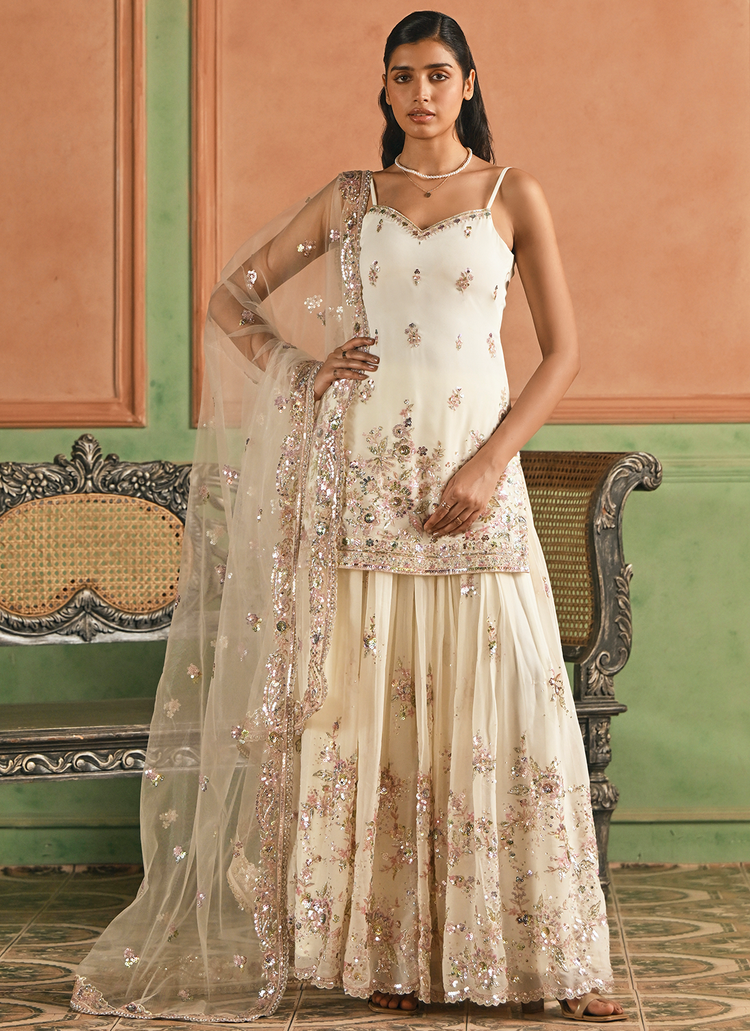 Off White Embroidered Georgette Sharara