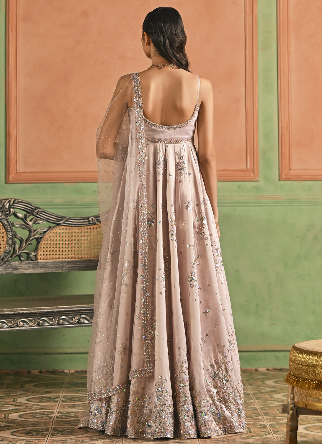 Dusty Mauve Embroidered Tissue Anarkali